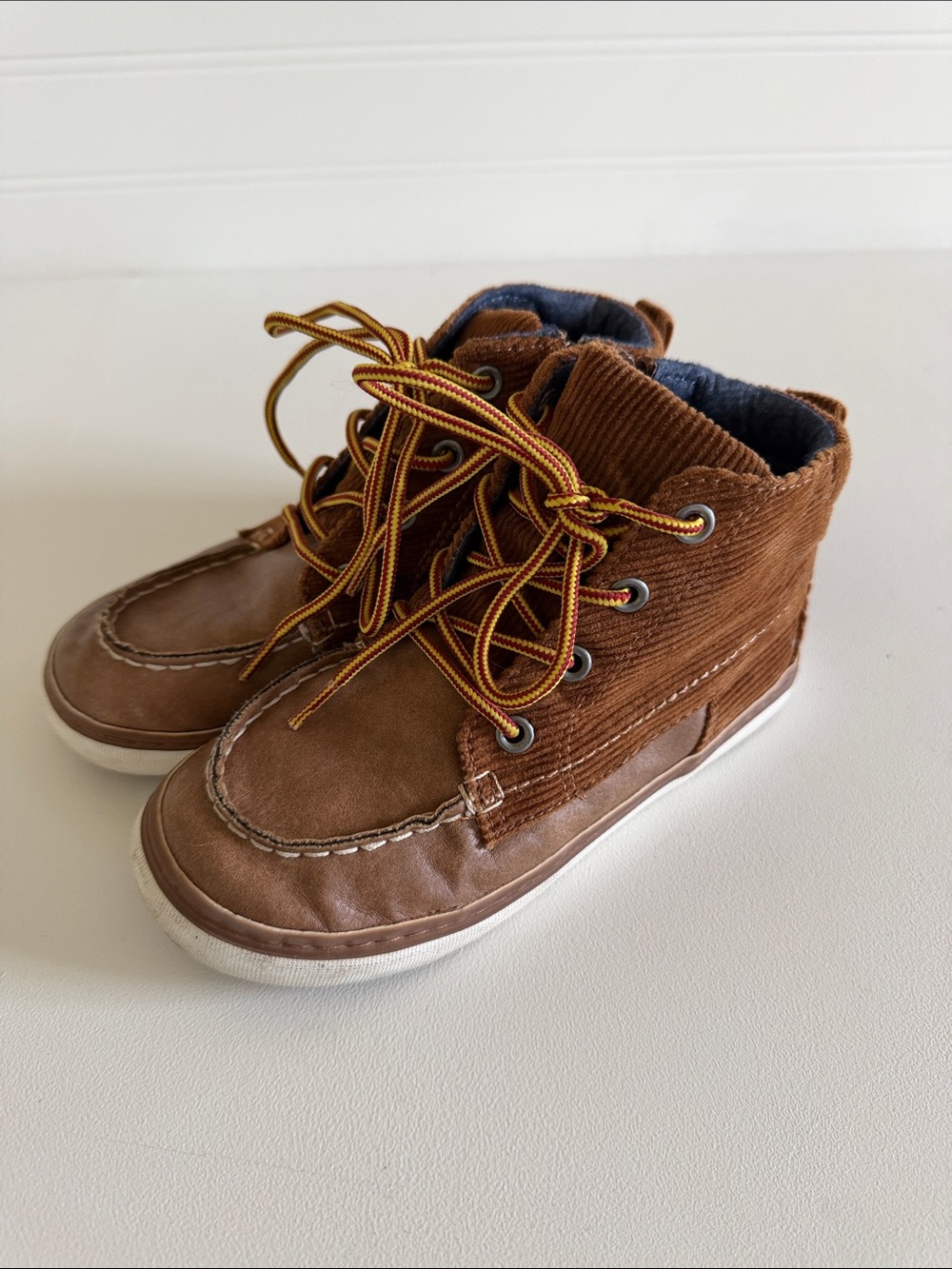 GAP Kids Brown Corduroy Lace-Up Ankle Boots with Yellow-Trim Laces